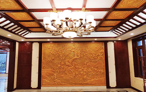 渝北中式别墅客厅中式木作横梁吊顶装饰展示