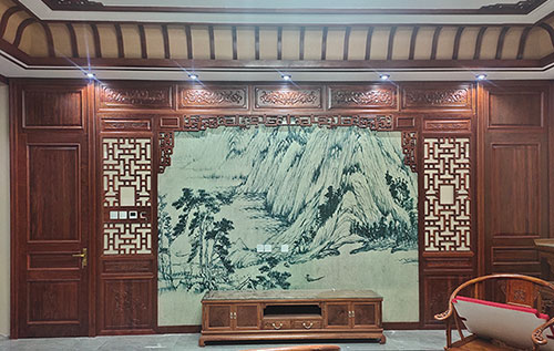 渝北中式仿古别墅客厅背景墙花格木作装饰